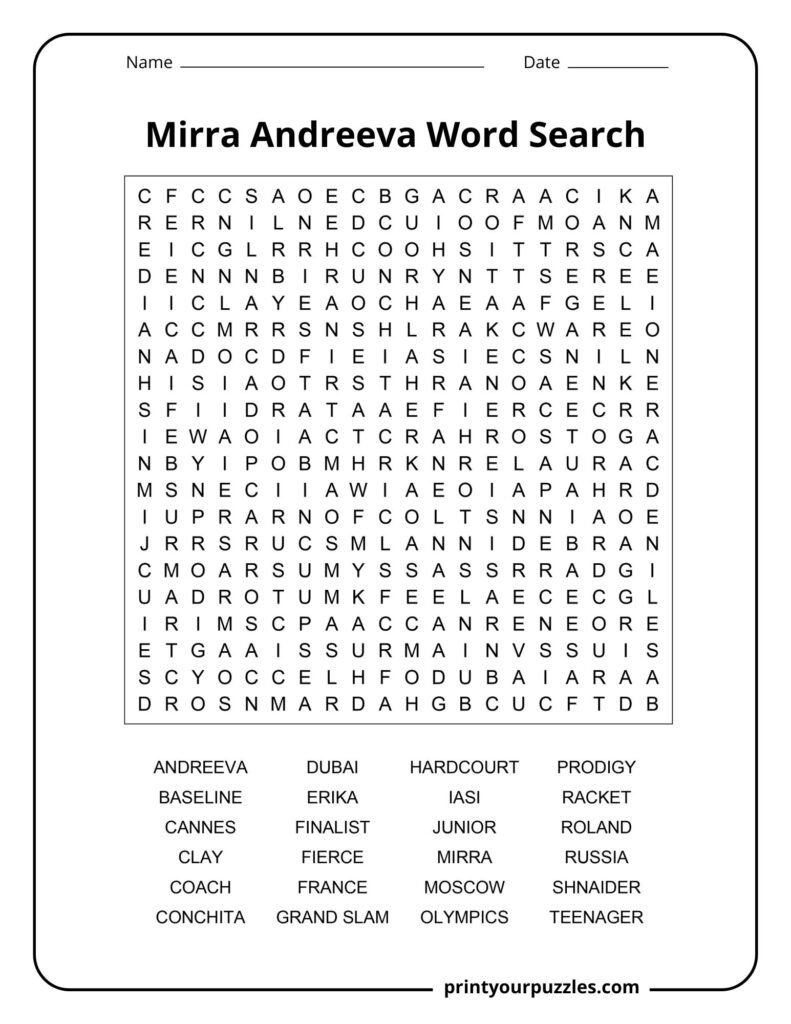 Mirra Andreeva hard word search puzzle featuring tennis terms and rising star career-related keywords.