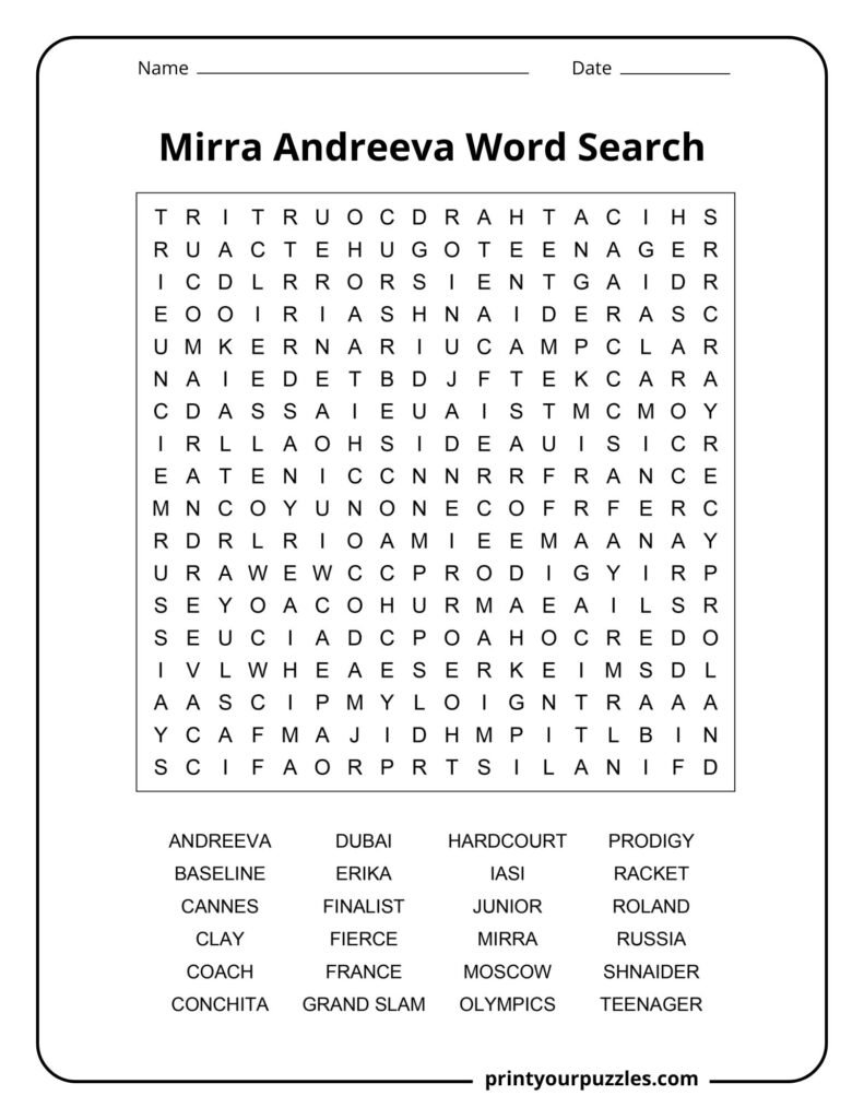 Mirra Andreeva medium word search printable with tennis vocabulary and young star tournament keywords.