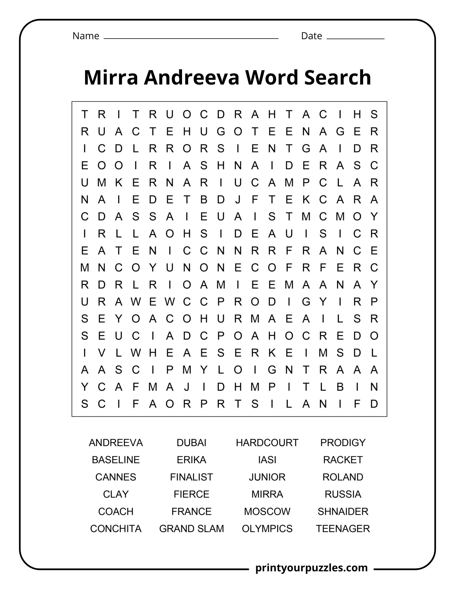 Mirra Andreeva medium word search printable with tennis vocabulary and young star tournament keywords.