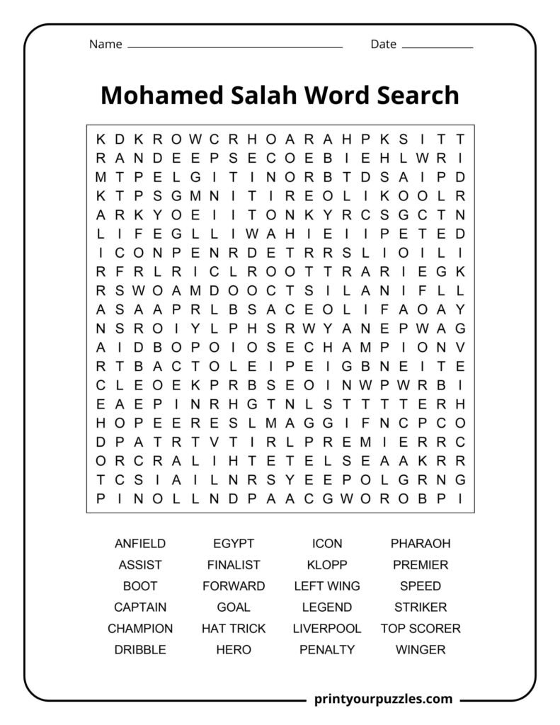 Mohamed Salah hard word search puzzle featuring football terms, Liverpool career highlights, and soccer keywords.