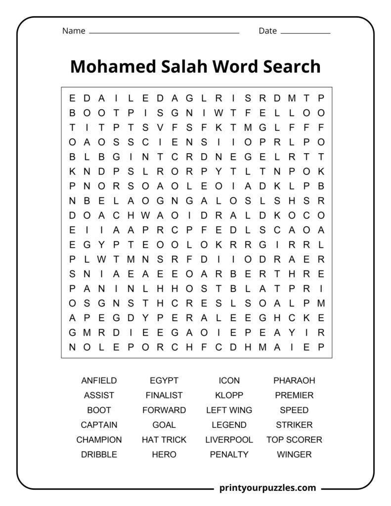 Mohamed Salah medium difficulty word search puzzle with soccer vocabulary and football career themed words.