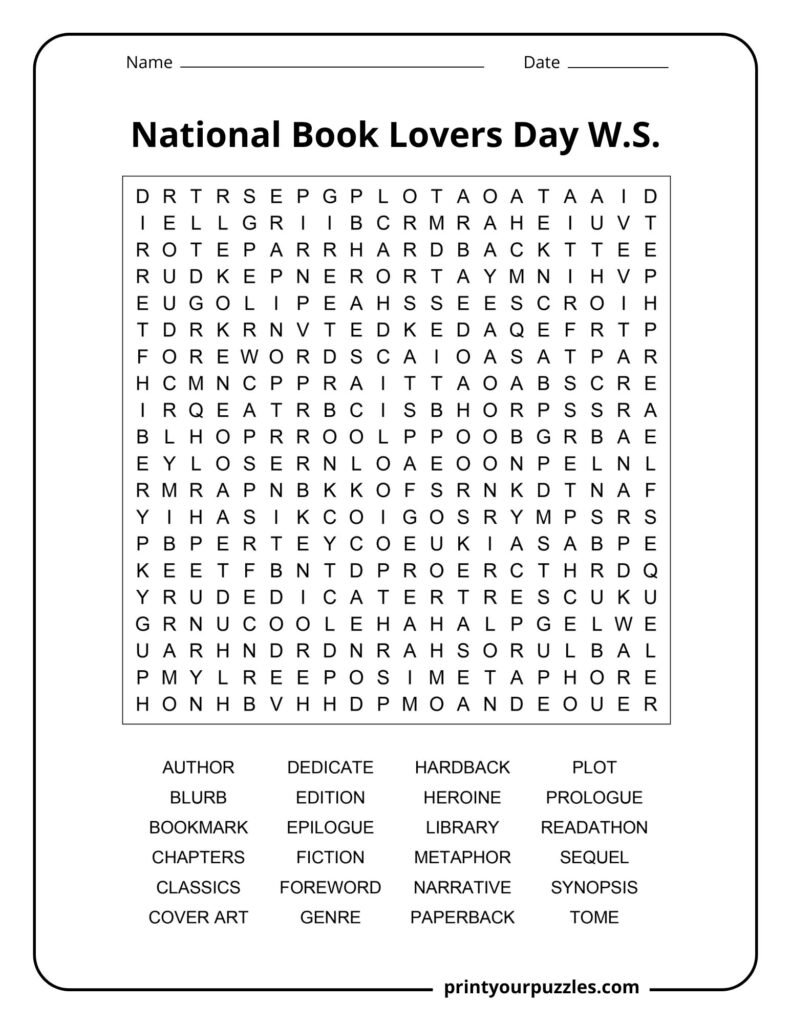 Hard National Book Lovers Day word search featuring literary terms, genres, authors, and book-related vocabulary.