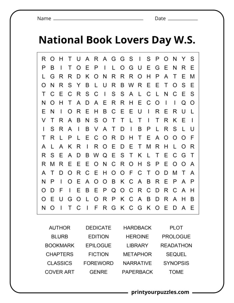 Medium National Book Lovers Day word search with book terms, genres, chapters, authors, and reading themes.