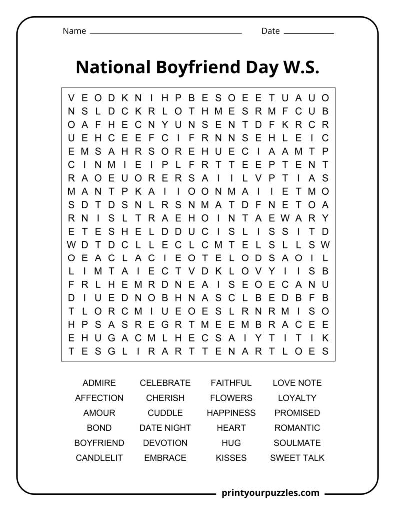 Hard National Boyfriend Day word search puzzle featuring romantic relationship and love-themed vocabulary.