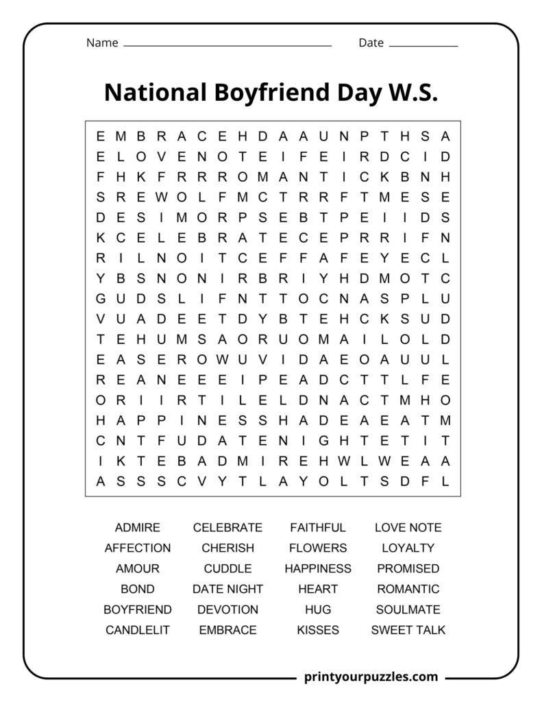 Medium National Boyfriend Day word search puzzle with romantic terms celebrating love and relationships.