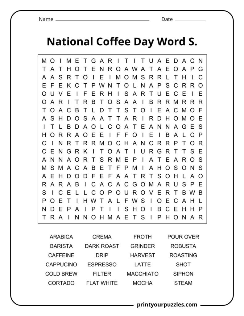 Hard National Coffee Day word search featuring espresso, arabica, roasting, latte, and barista terms.