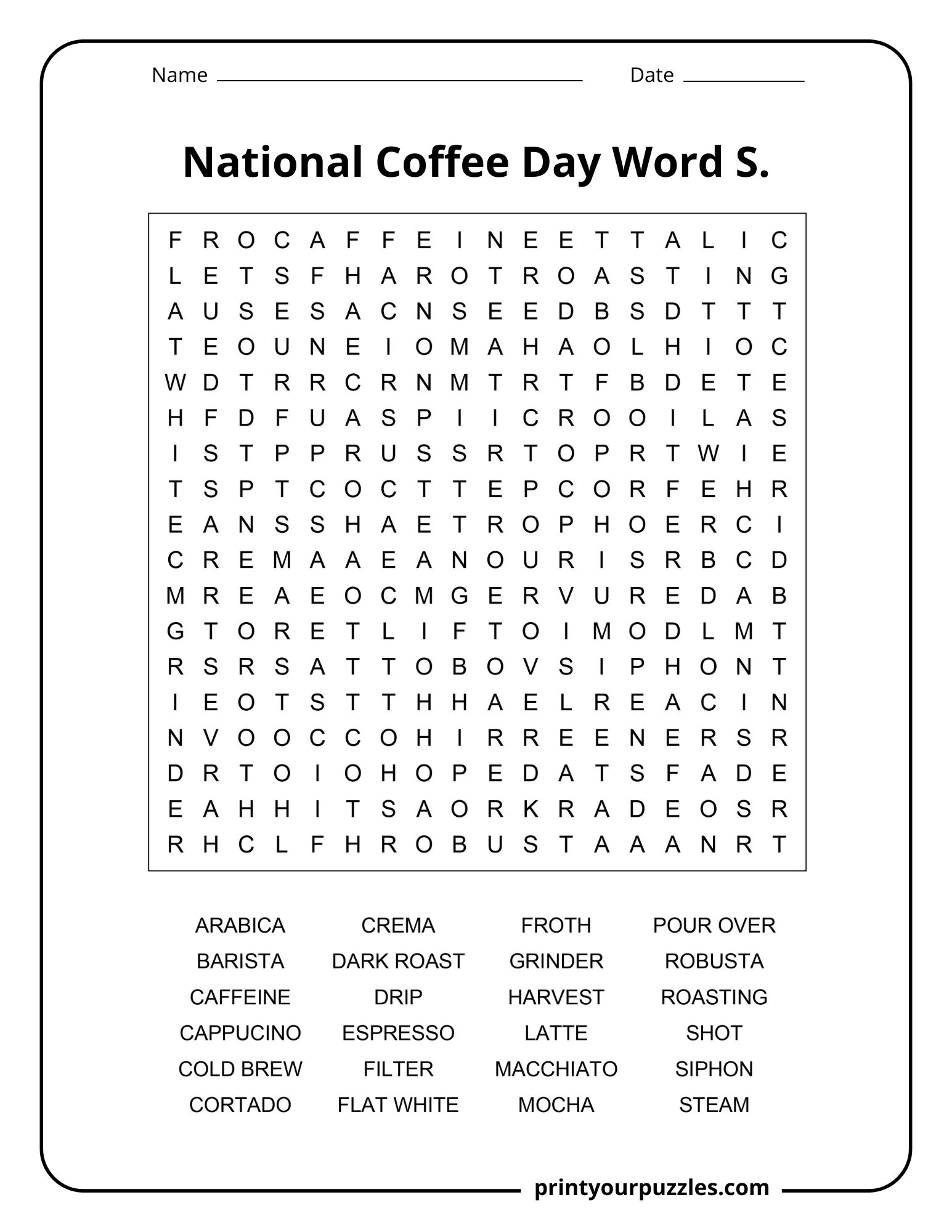 Medium National Coffee Day word search with coffee drinks, brewing methods, and roasting vocabulary.