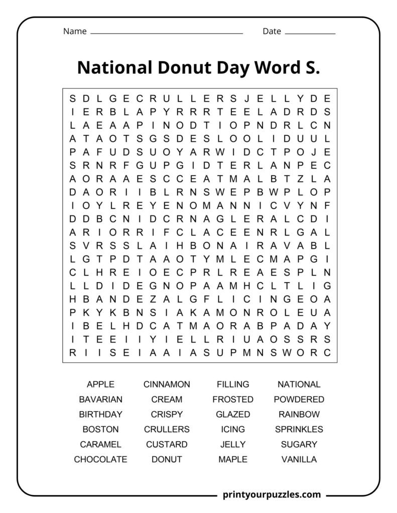 Hard National Donut Day word search featuring donut flavors, toppings, fillings, and bakery-themed words.