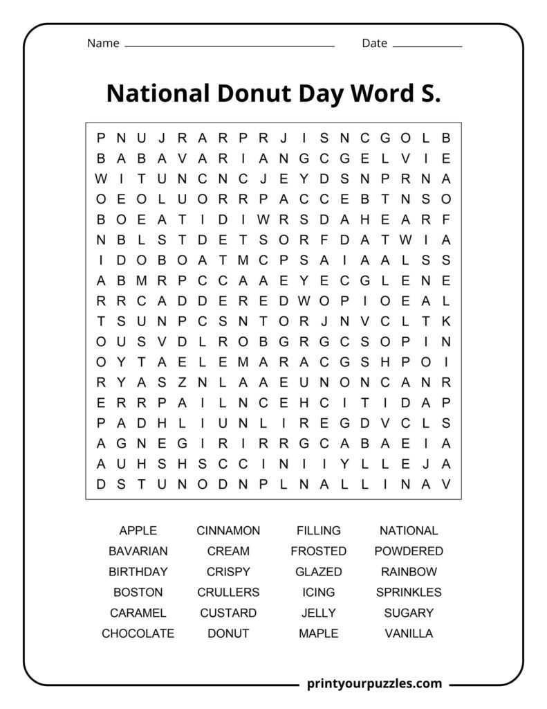 Medium National Donut Day word search with donut flavors, fillings, toppings, and bakery-inspired terms.
