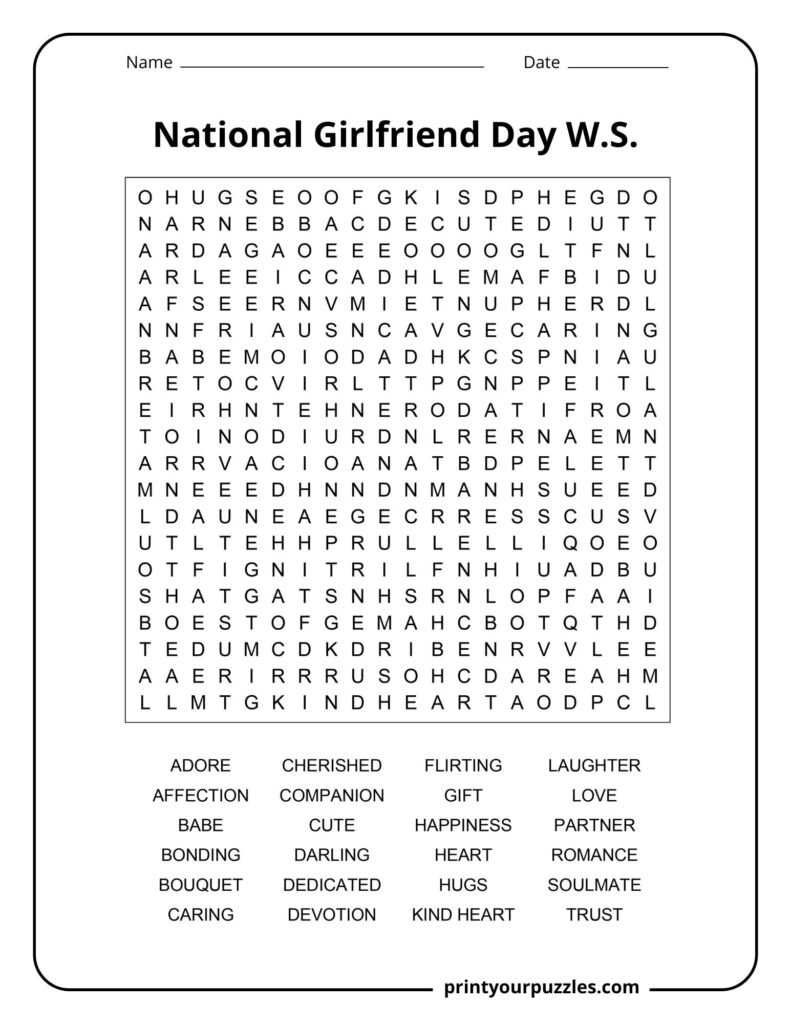 Hard National Girlfriend Day word search puzzle featuring romantic and relationship-themed vocabulary words.