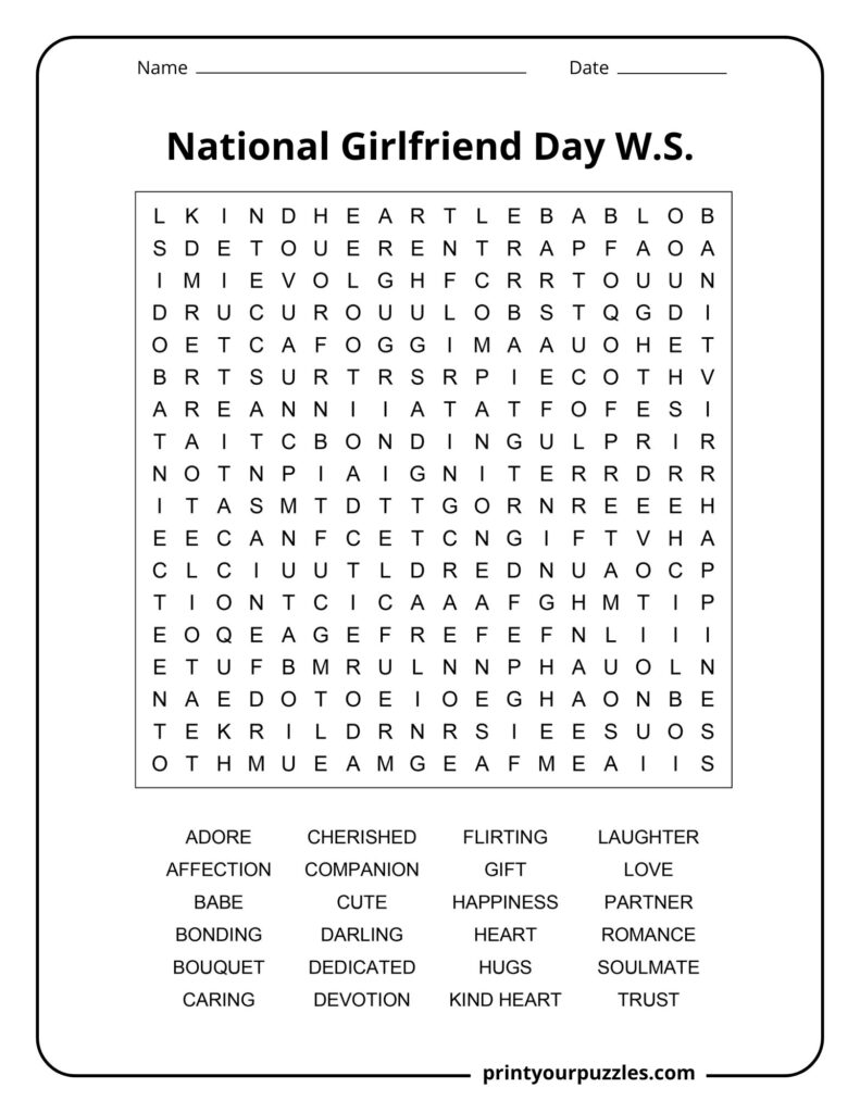 Medium National Girlfriend Day word search puzzle with relationship, love, and friendship-themed hidden words.
