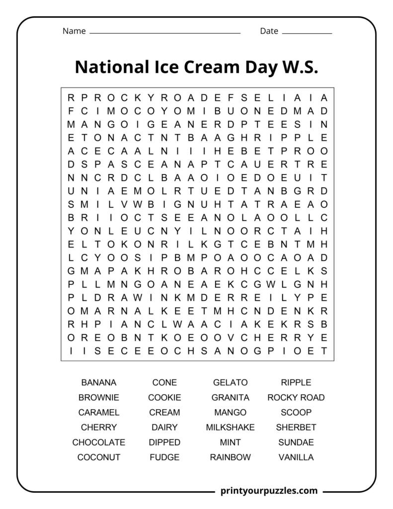 Hard National Ice Cream Day word search puzzle featuring ice cream flavors and dessert-themed vocabulary.