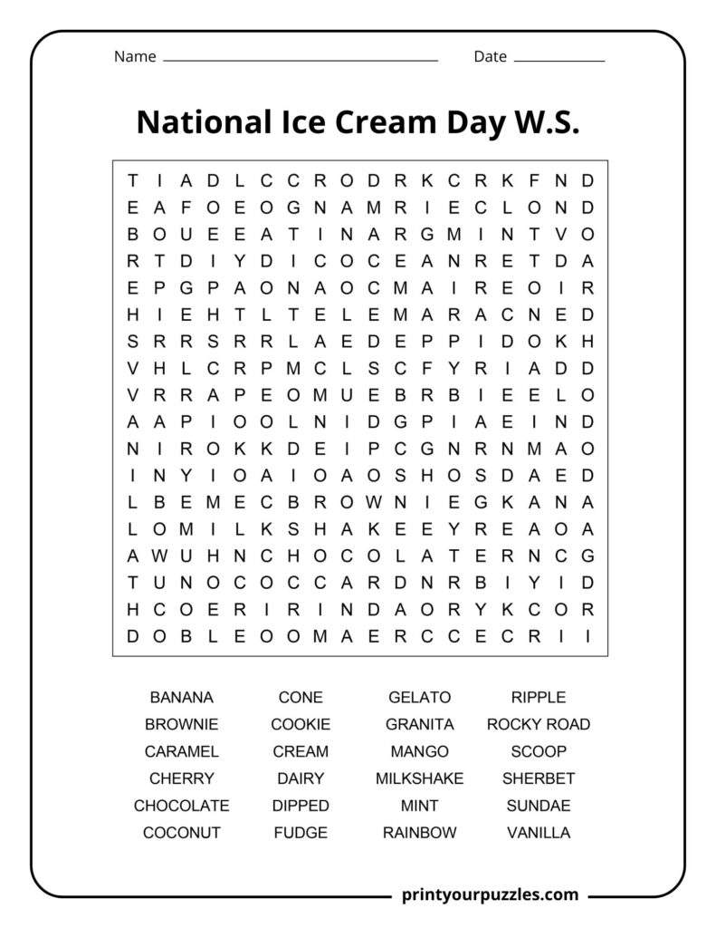 Medium National Ice Cream Day word search puzzle with dessert, flavors, and ice cream-themed hidden words.