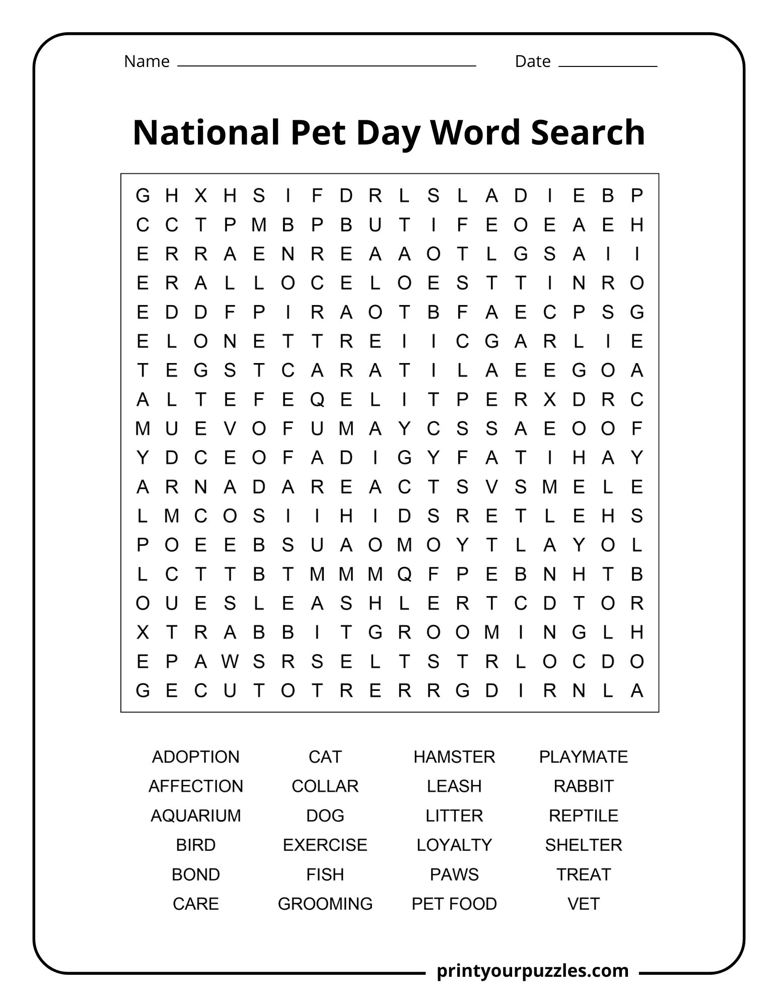 Medium National Pet Day word search with pet care, animals, grooming, loyalty, and adoption vocabulary.