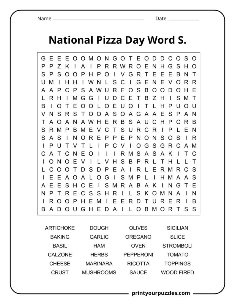Hard National Pizza Day word search featuring pizza toppings, sauces, cheeses, and baking terms.