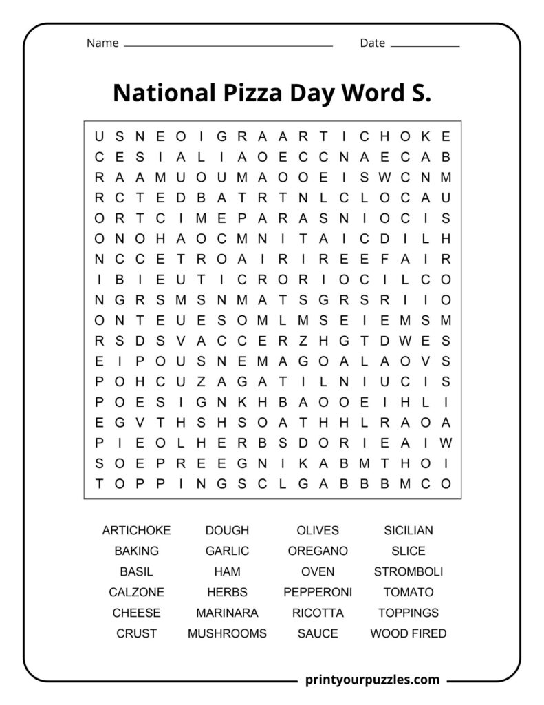 Medium National Pizza Day word search with pizza ingredients, toppings, baking, and Italian food terms.