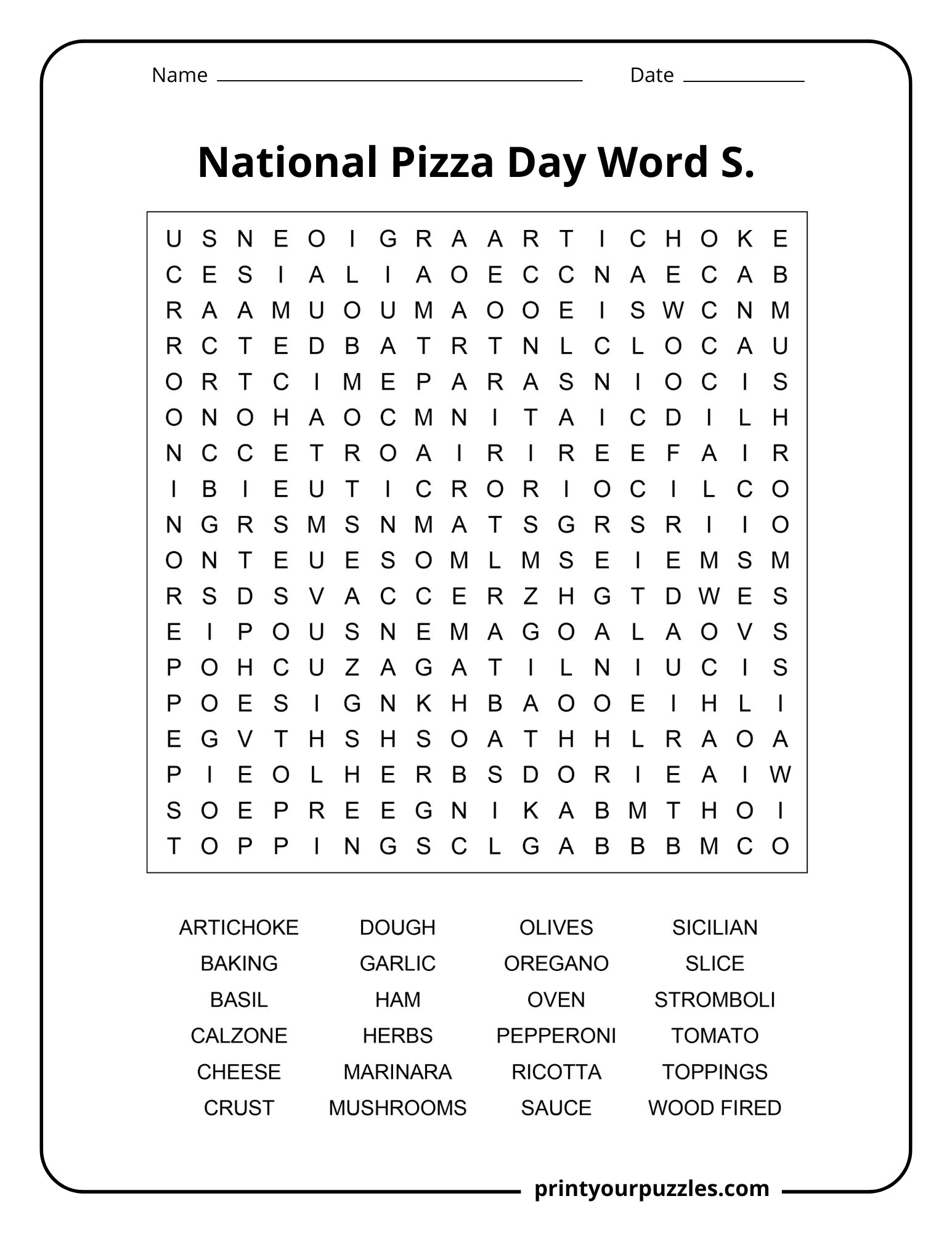 Medium National Pizza Day word search with pizza ingredients, toppings, baking, and Italian food terms.