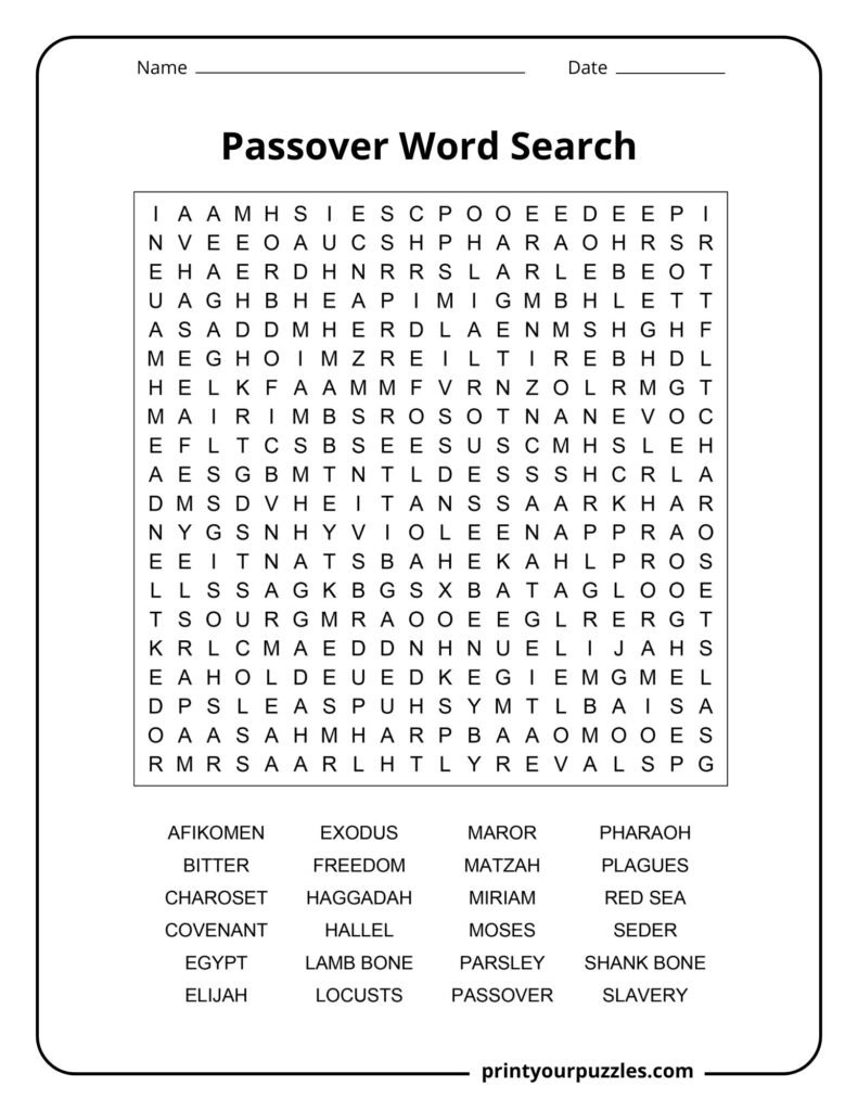 Hard Passover word search puzzle featuring seder traditions, Exodus themes, and Jewish holiday vocabulary.