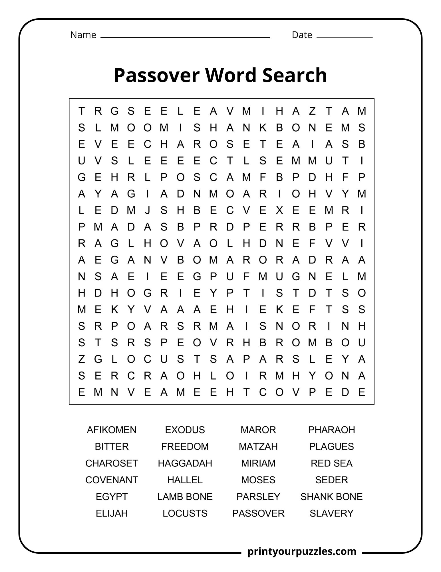 Medium Passover word search featuring seder foods, biblical figures, and Jewish holiday traditions.