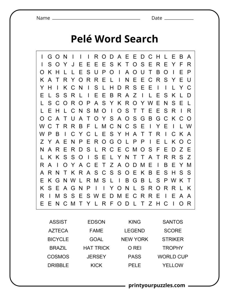 Pelé hard word search puzzle featuring football terms, Brazil career highlights, and legendary soccer keywords.