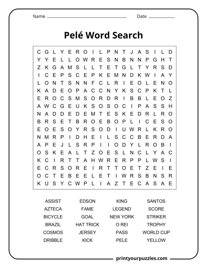 Pelé medium difficulty word search puzzle with soccer vocabulary and iconic football career themed words.