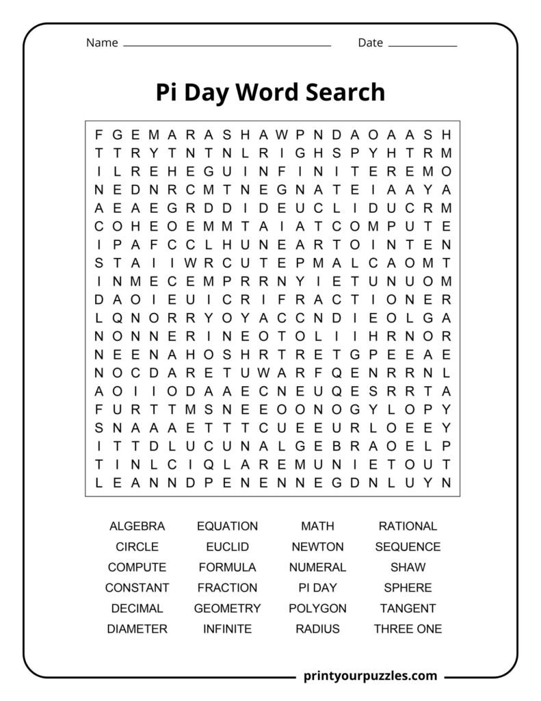 Hard National Pi Day word search puzzle featuring math, geometry, and pi-related educational vocabulary.