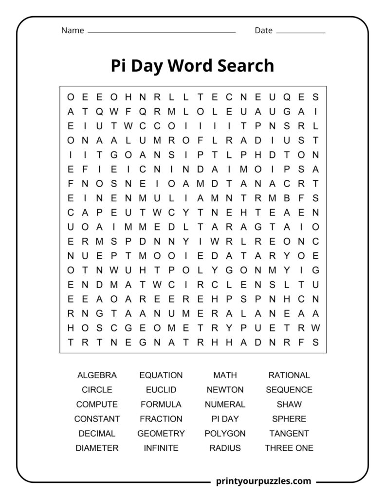 Medium National Pi Day word search puzzle with math vocabulary, geometry concepts, and pi-themed hidden words.