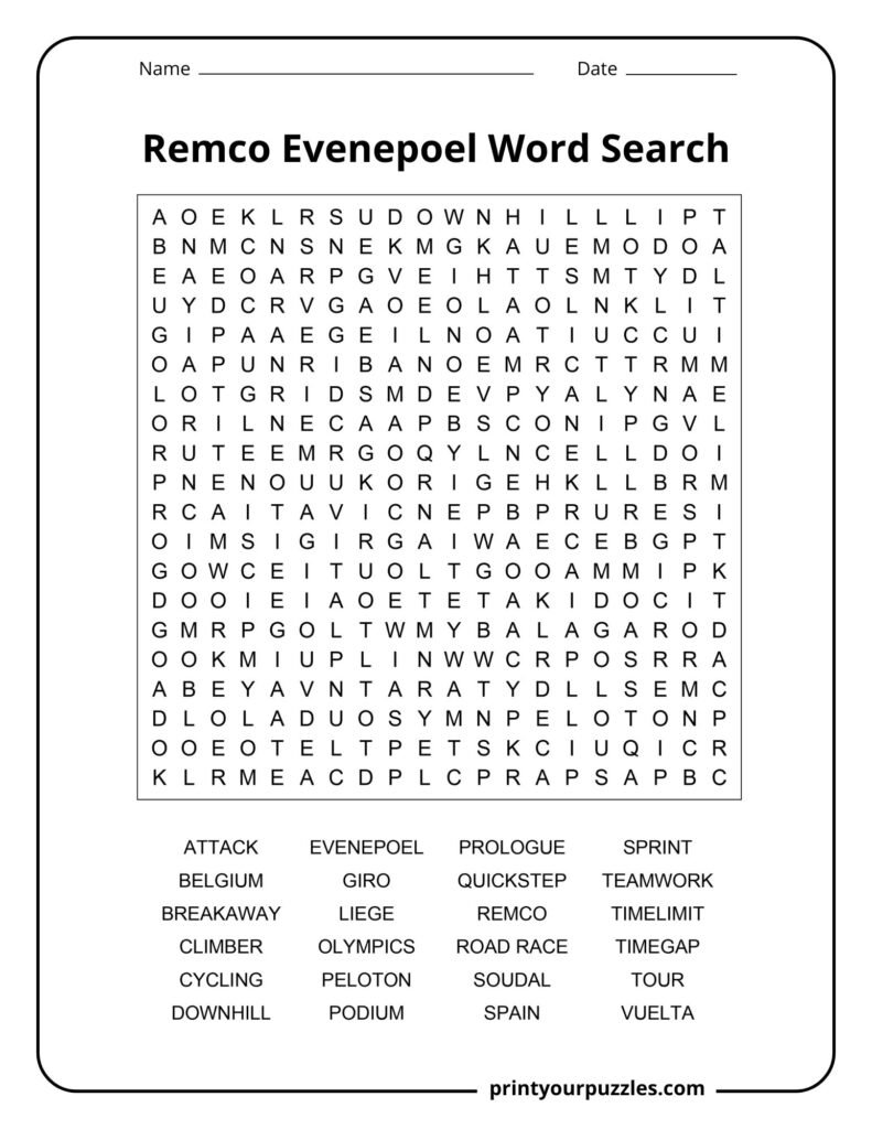 Remco Evenepoel hard word search puzzle featuring cycling terms and Tour de France racing vocabulary.