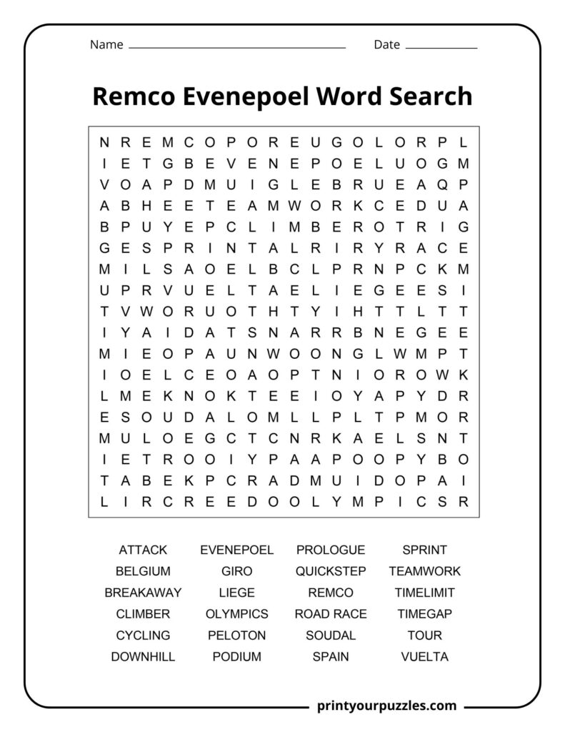 Remco Evenepoel medium word search printable with cycling vocabulary and professional racing keywords.