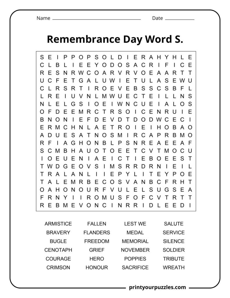 Hard Remembrance Day word search featuring soldiers, sacrifice, poppies, honour, and memorial themes.