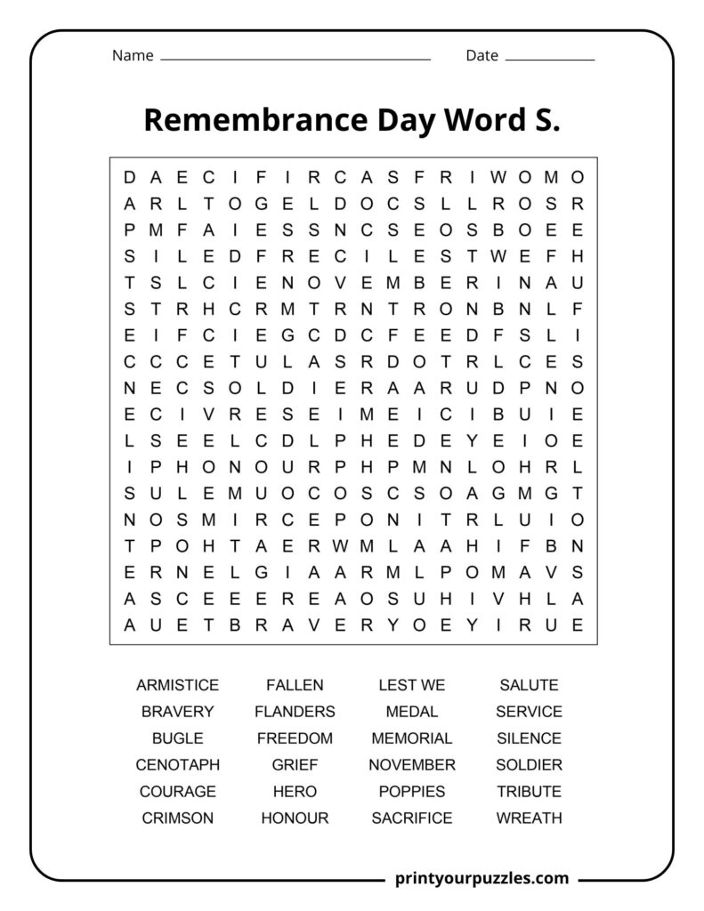Medium Remembrance Day word search with poppies, courage, honour, service, and memorial vocabulary.