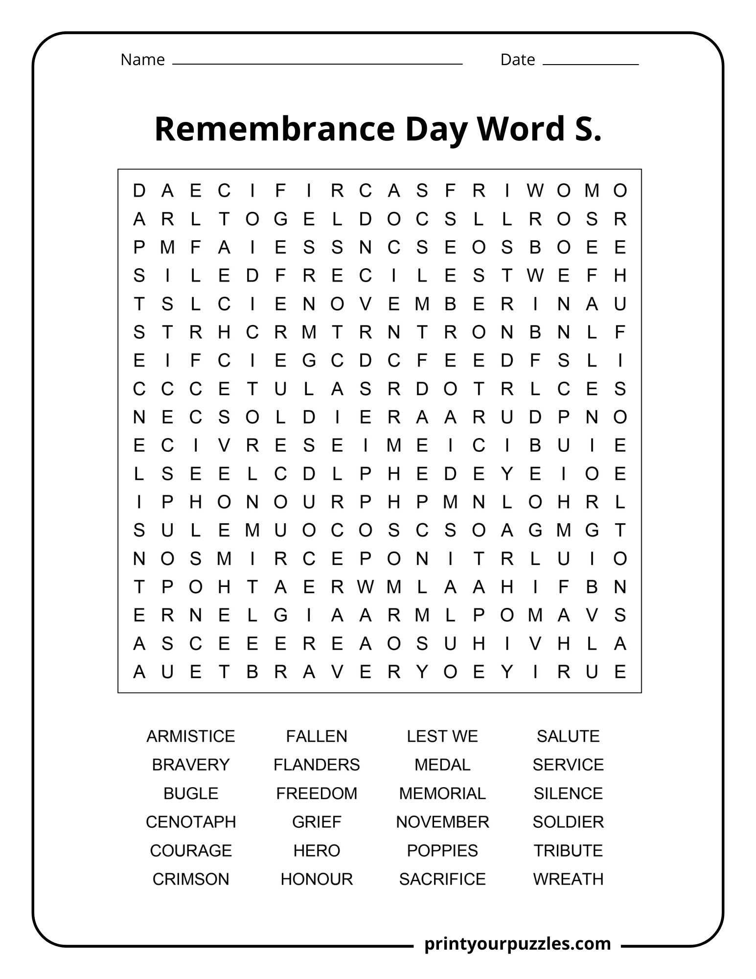 Medium Remembrance Day word search with poppies, courage, honour, service, and memorial vocabulary.