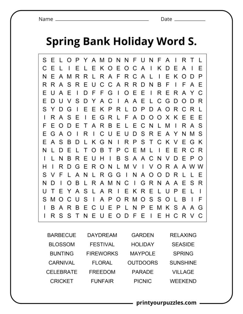 Hard Spring Bank Holiday word search featuring seasonal activities, festivals, outdoor fun, and celebrations.