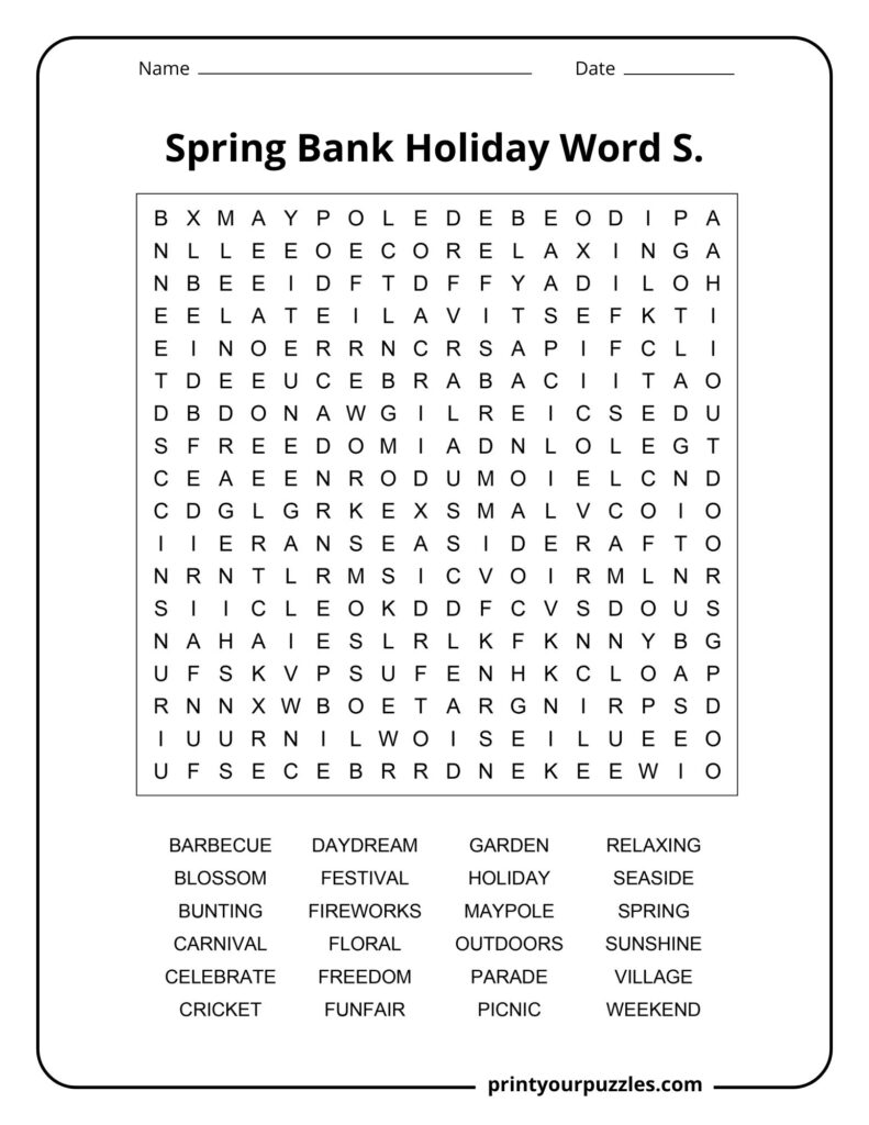 Medium Spring Bank Holiday word search with picnic, sunshine, festival, and outdoor celebration vocabulary.