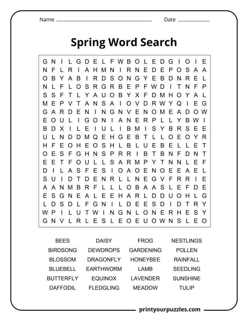 Hard spring word search puzzle with nature and garden vocabulary in a printable educational worksheet.