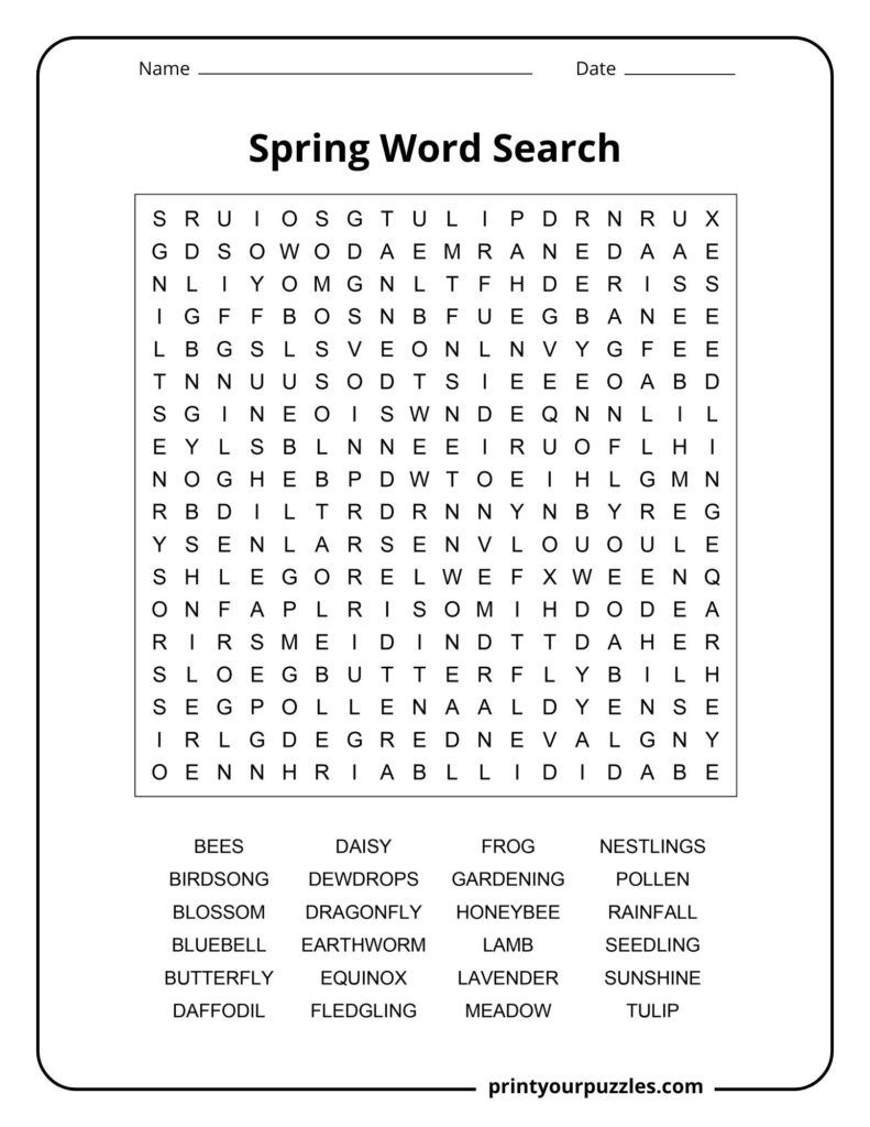 Medium spring word search printable with flower, wildlife, and nature-themed vocabulary activity.