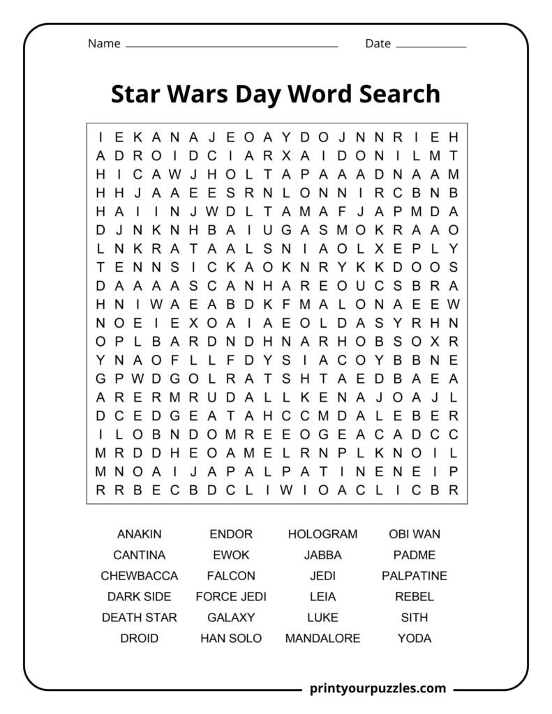 Hard Star Wars Day word search featuring Jedi, Sith, droids, planets, and iconic saga characters.