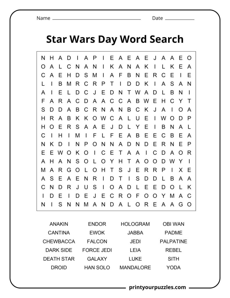 Medium Star Wars Day word search with Jedi, Sith, droids, heroes, villains, and galactic locations.
