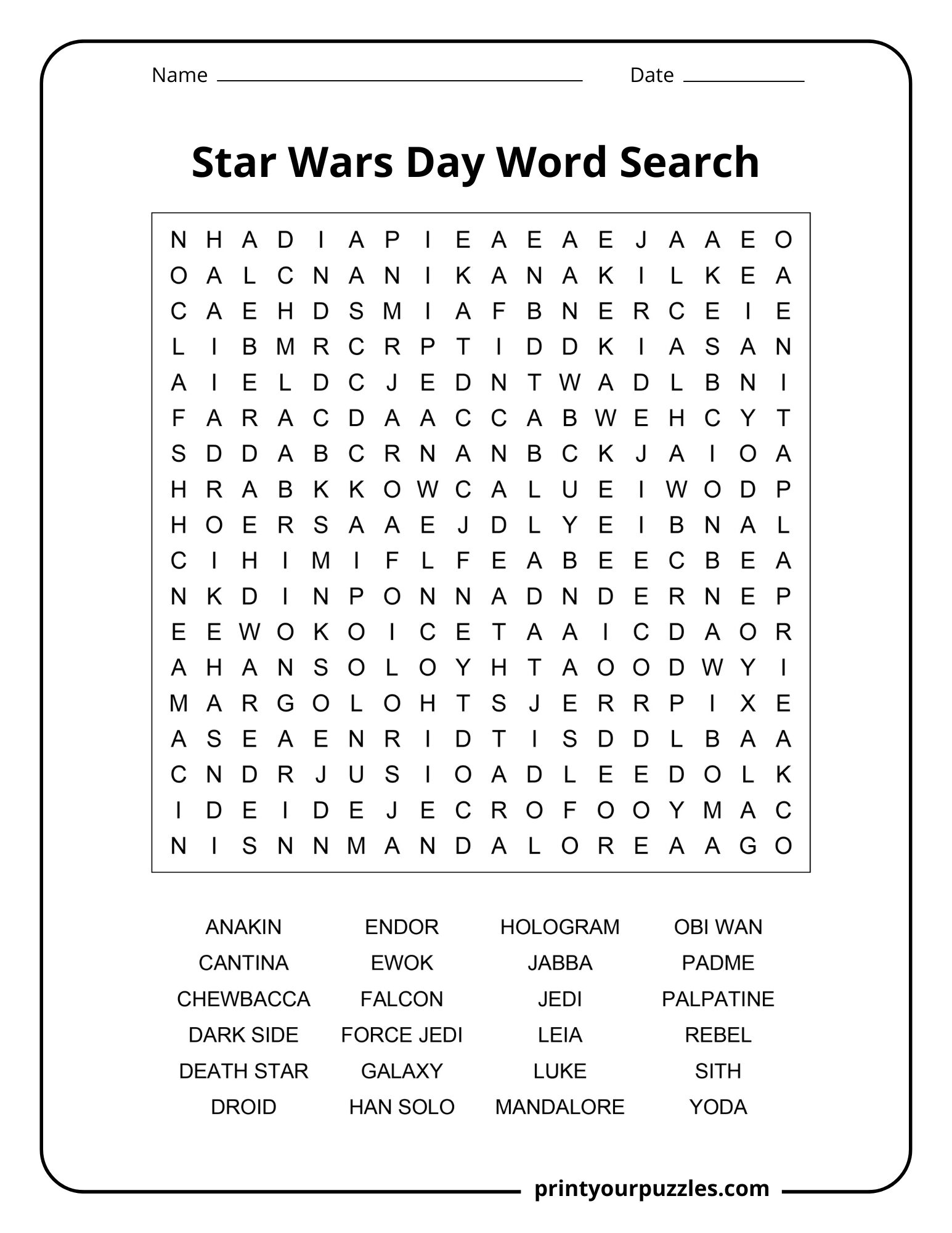 Medium Star Wars Day word search with Jedi, Sith, droids, heroes, villains, and galactic locations.