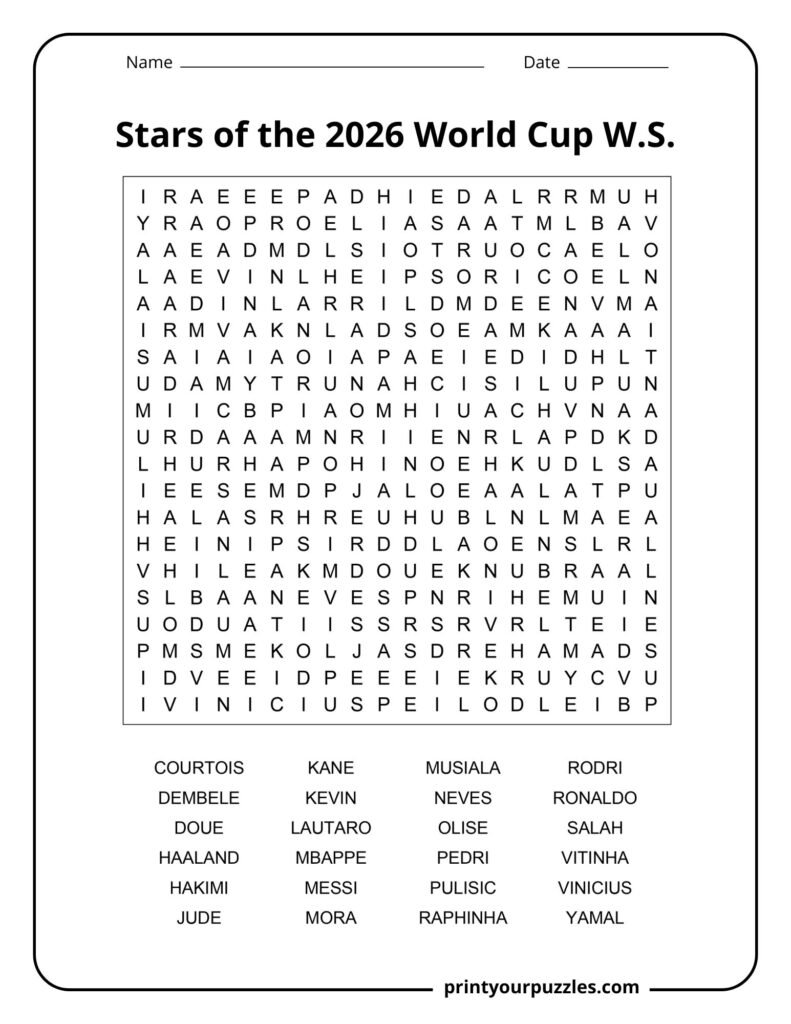 Hard 2026 World Cup stars word search puzzle featuring top football players and international soccer legends.