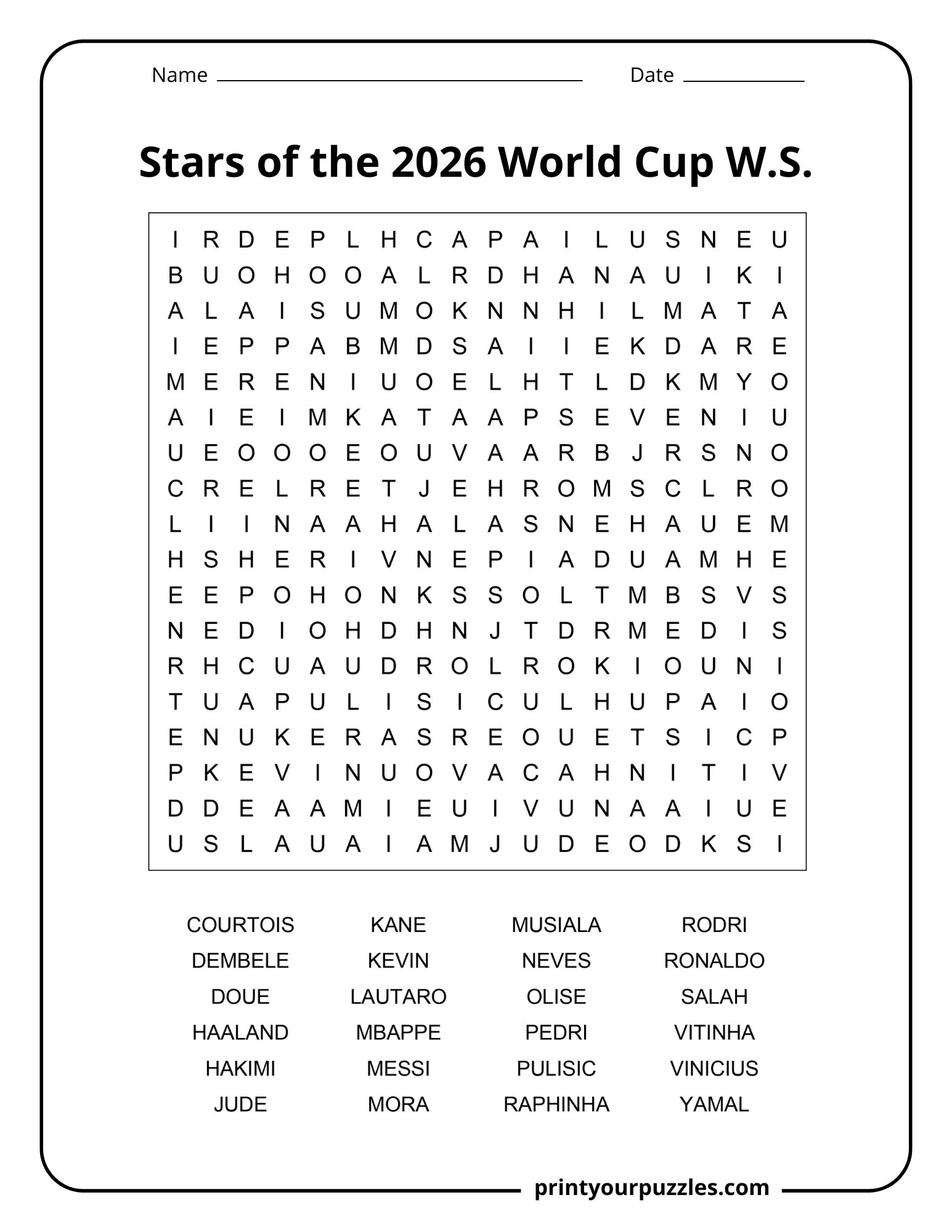 Medium 2026 World Cup stars word search printable featuring famous football players and global soccer superstars.