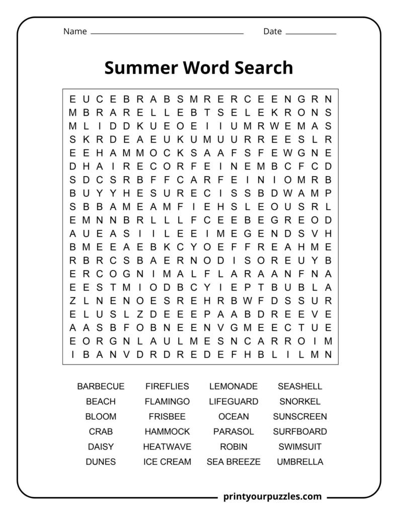 Hard summer word search printable featuring beach, hammock, snorkel, surfboard, and sea breeze vocabulary.