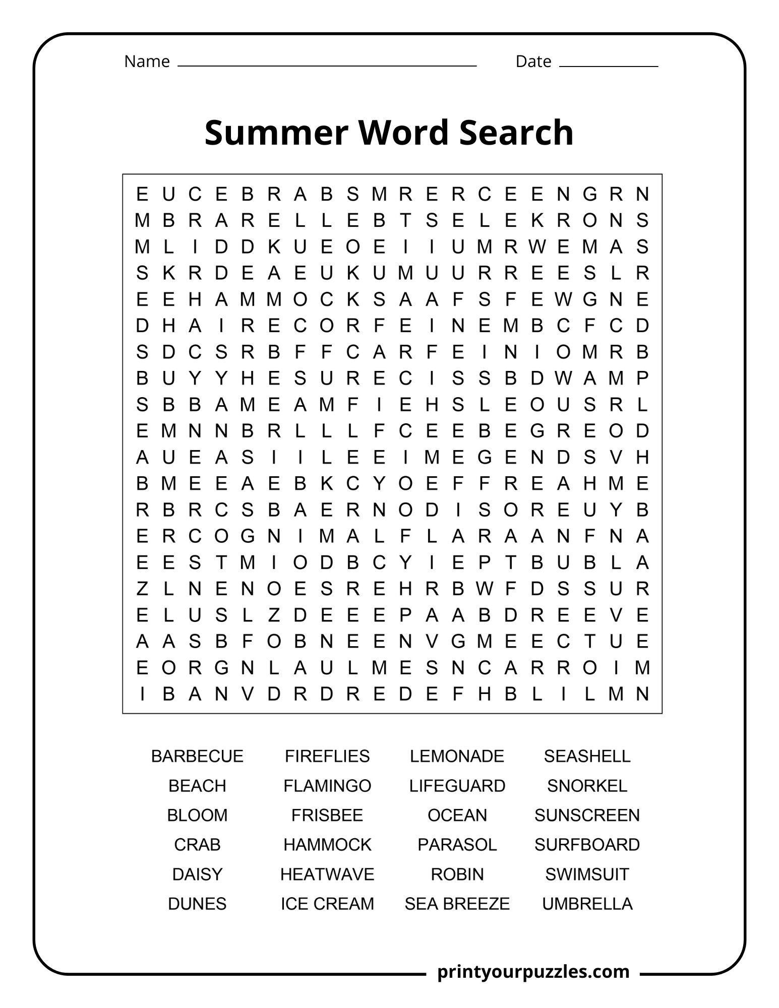 Summer Word Search | Print Your Puzzles