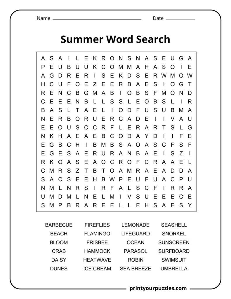Medium summer word search puzzle with beach, seashell, lemonade, umbrella, and ocean-themed words.