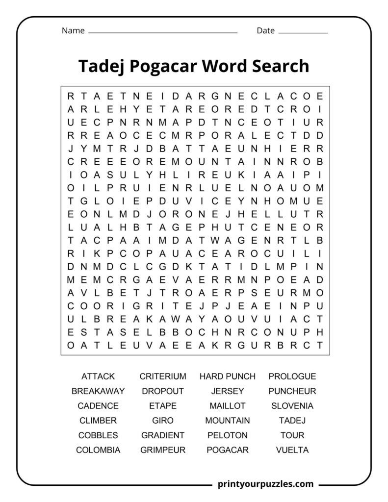 Tadej Pogacar hard word search puzzle featuring cycling terms, Tour de France vocabulary, and race keywords.