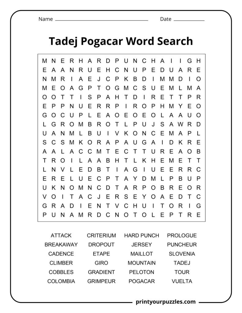 Tadej Pogacar medium difficulty word search puzzle with cycling vocabulary and Tour de France themed words.