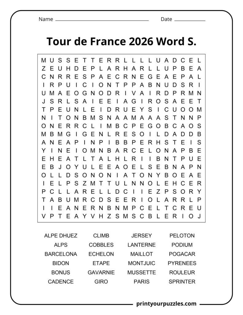 Tour de France 2026 hard word search puzzle featuring cycling terms, race stages, and iconic route keywords.