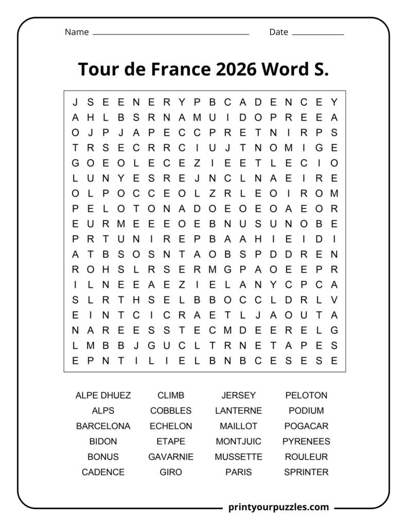 Tour de France 2026 medium difficulty word search puzzle with cycling vocabulary and race themed keywords.