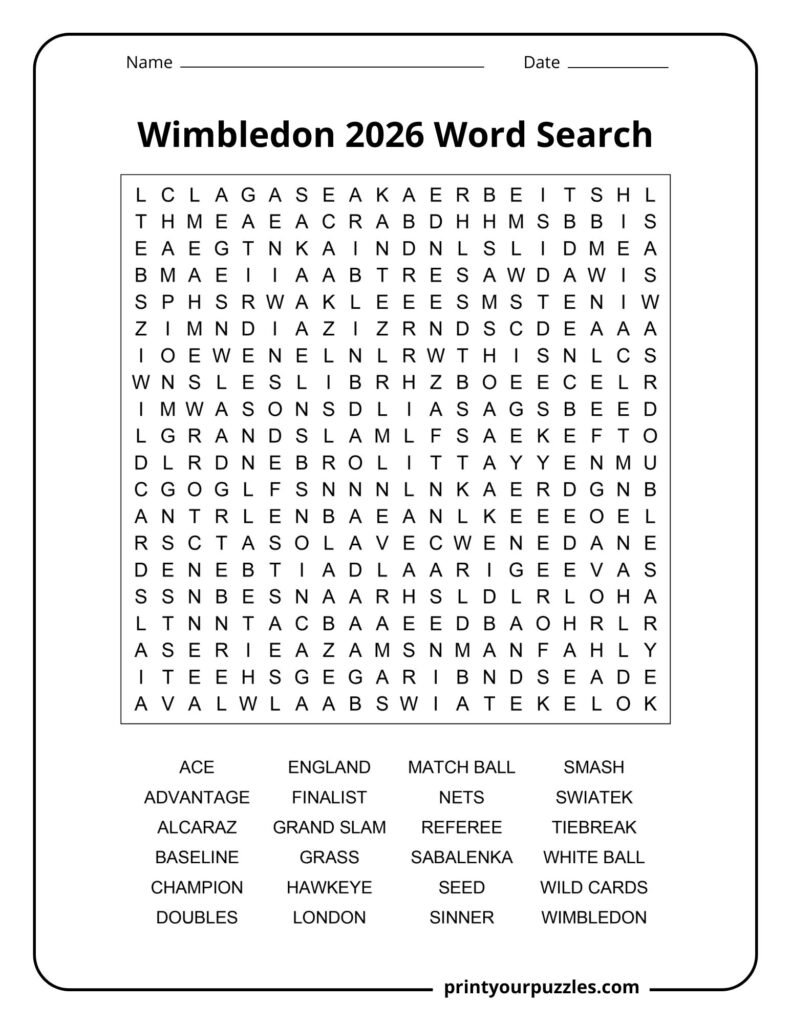 Wimbledon 2026 hard word search puzzle featuring tennis terms, top players, and iconic tournament keywords.