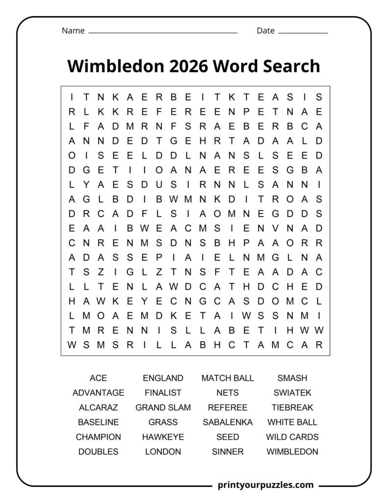 Wimbledon 2026 medium difficulty word search puzzle with tennis vocabulary and tournament themed keywords.